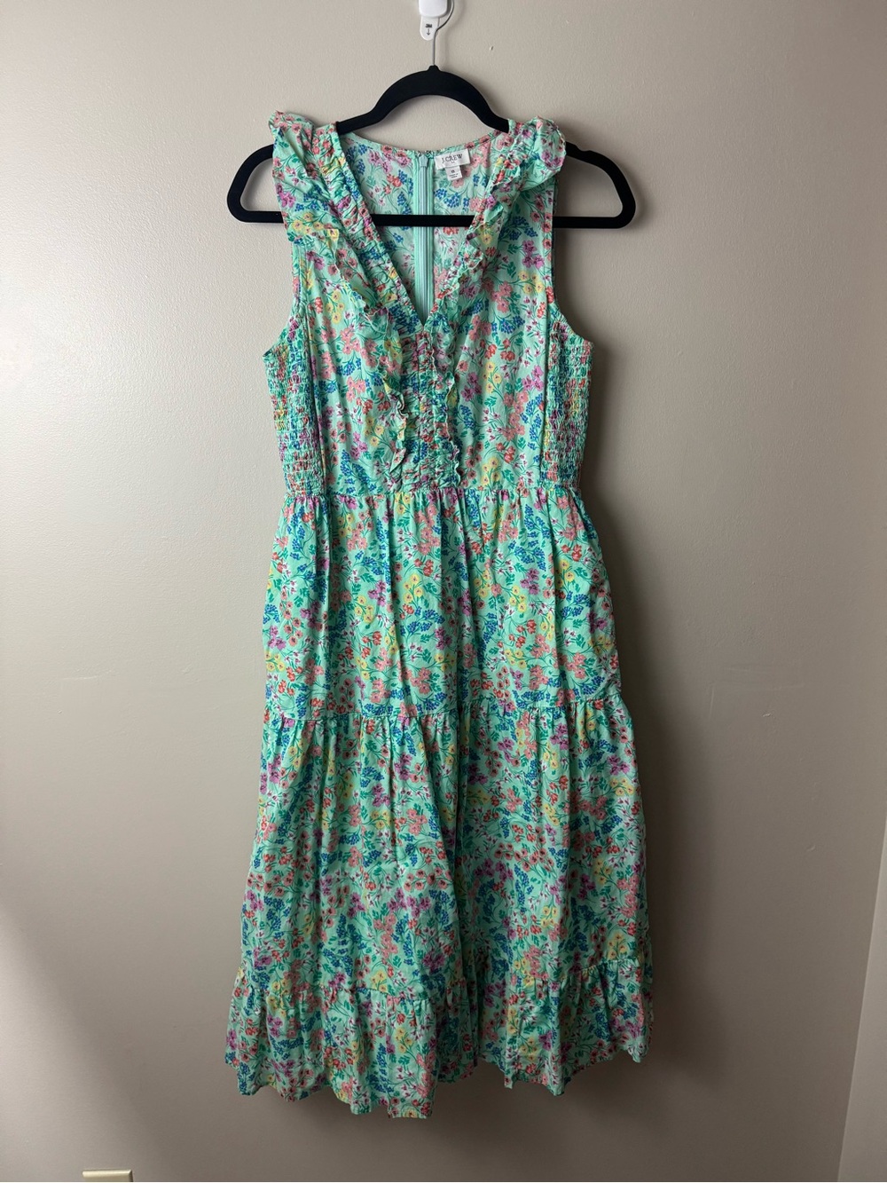 J. Crew Mint Floral Ruffle Tiered Maxi Dress Summer Vacation Beach Resort Size 8